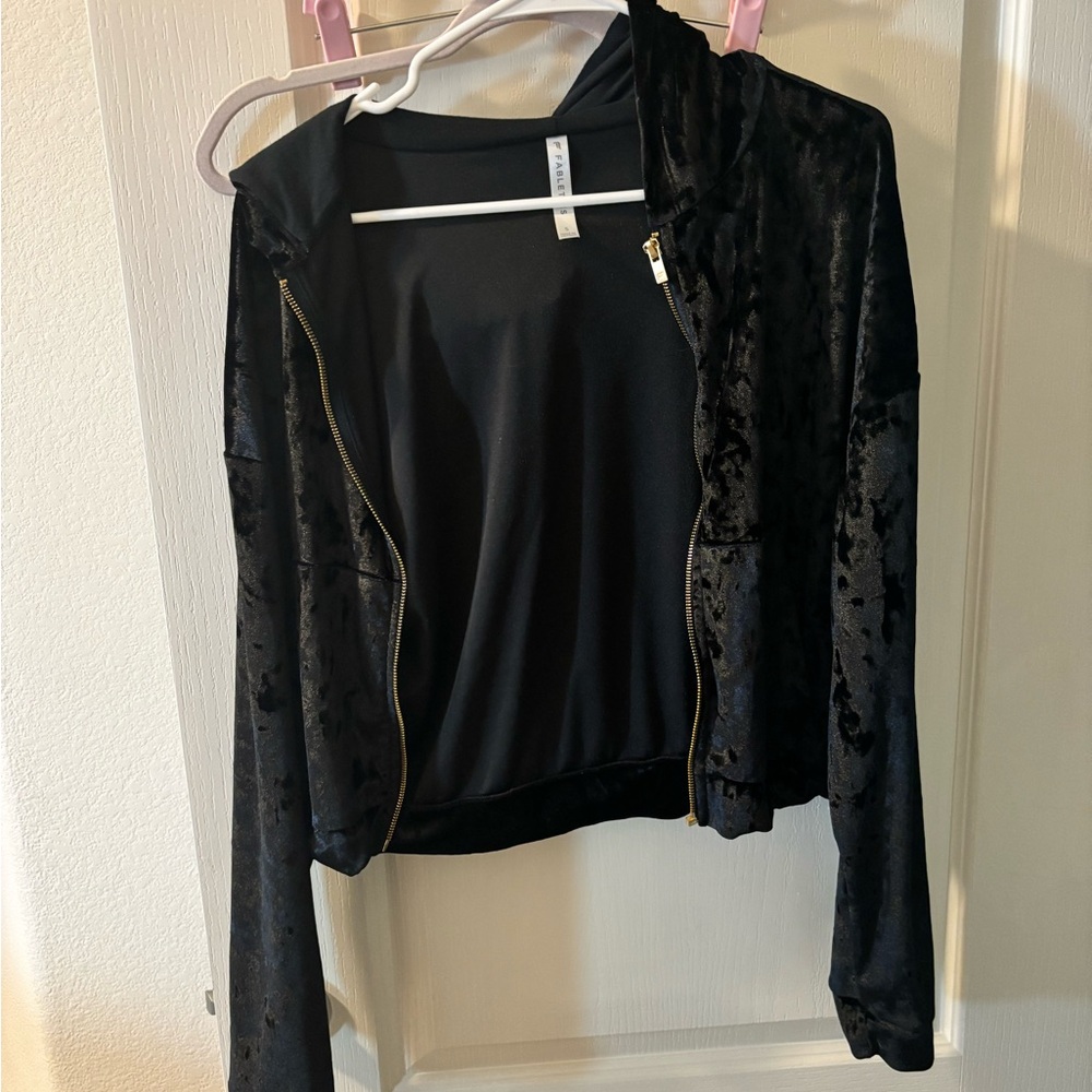 Fabletics Black Velvet Zip-Up Bomber Jacket with Gold Hardware